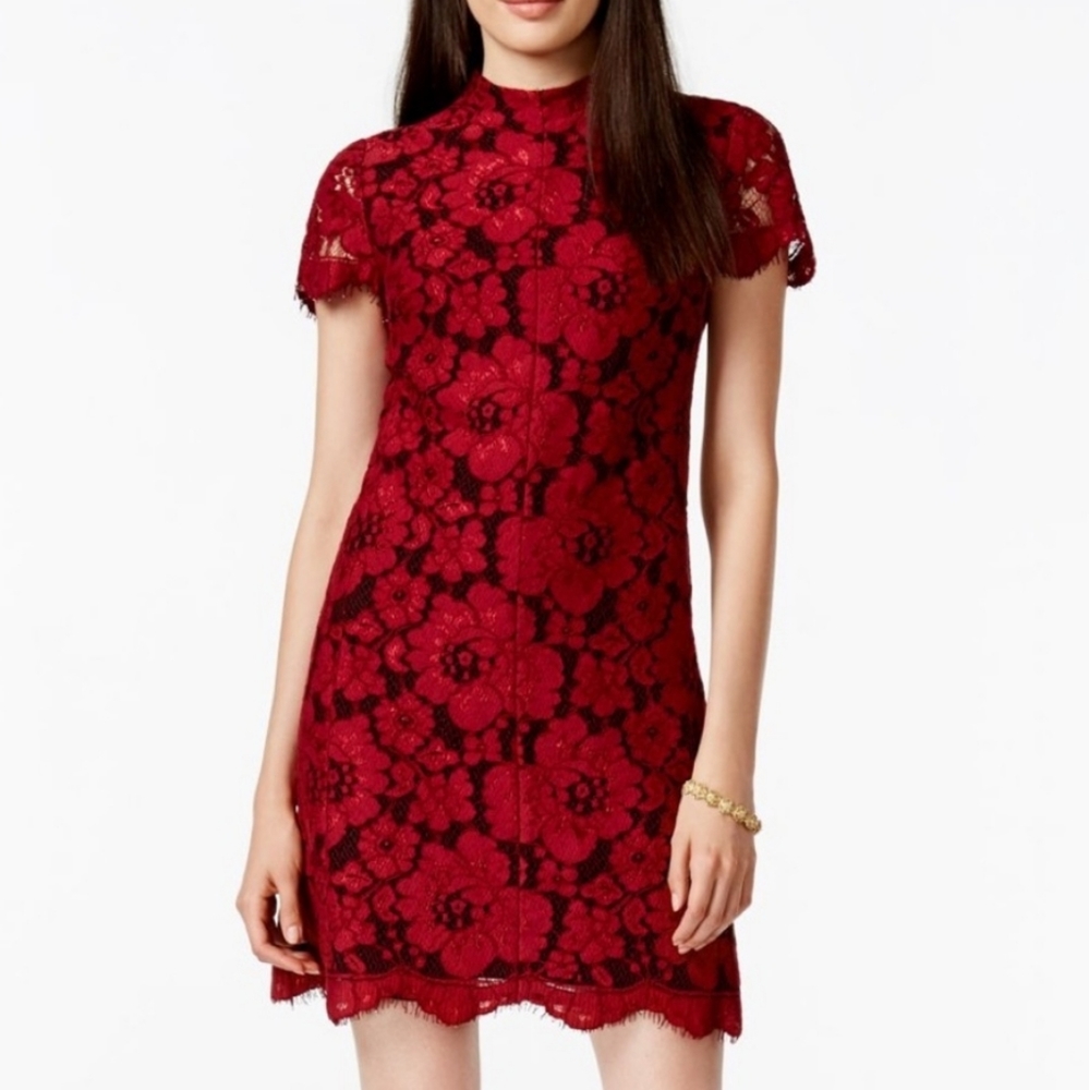 Betsey Johnson mock neck red lace shift mini dress